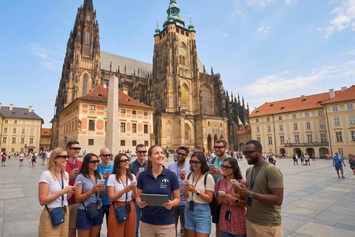 Prague Castle: AR Experience + Optional Entry & Audio Guide A tour guide speaks to a group of tourists in a historic European square with a cathedral and colorful buildings in the background.