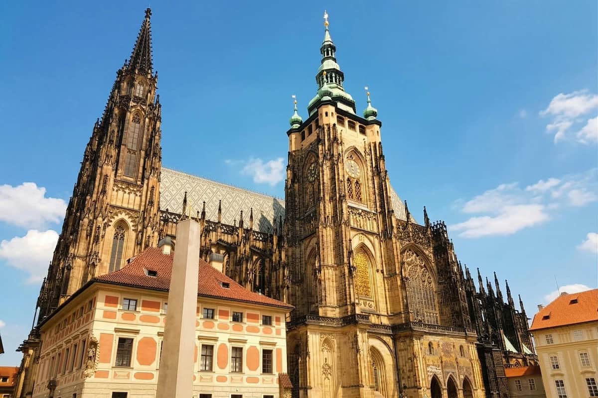A Gothic cathedral with tall spires and intricate details, next to colorful buildings under a clear blue sky.