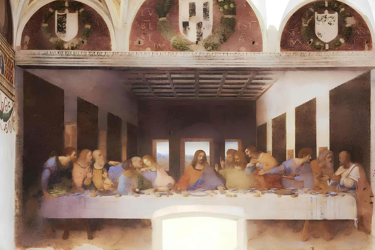 A depiction of the Last Supper with Jesus and his disciples seated at a long table inside a dimly lit hall with arched ceilings.