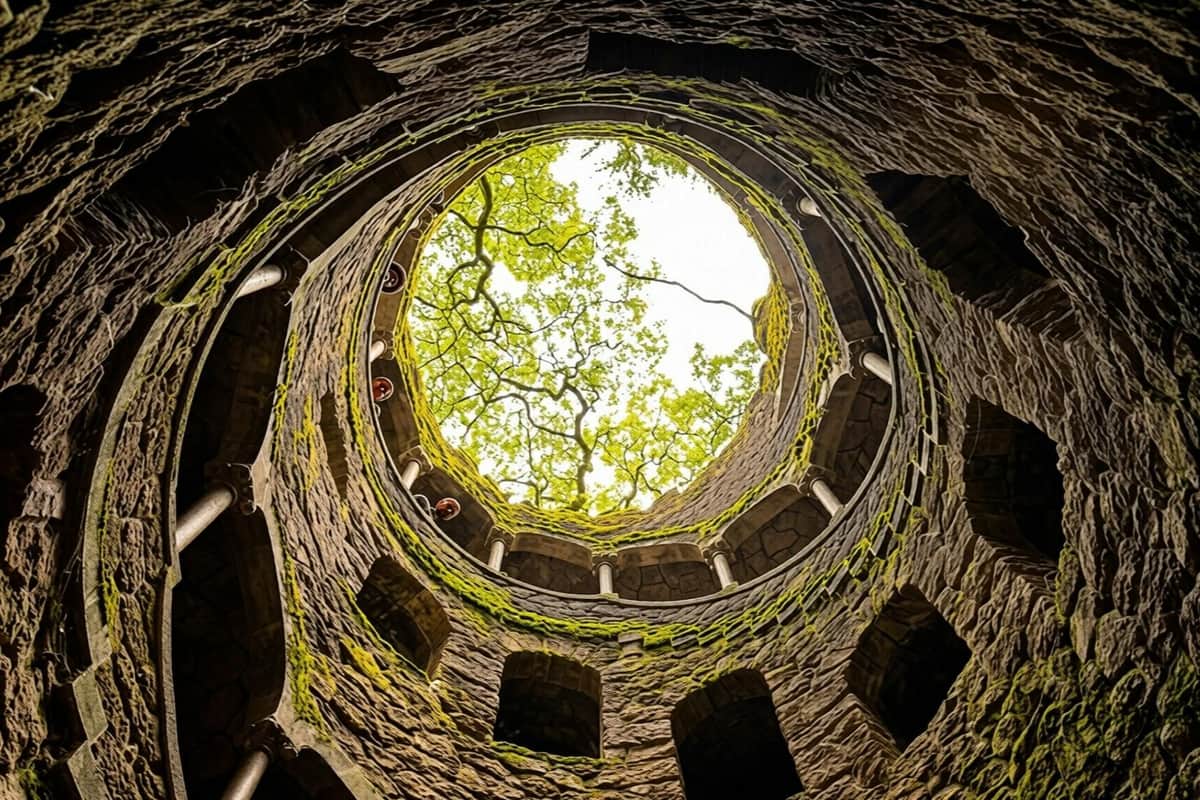 View upward from the base of a circular stone well with multiple levels and a canopy of green trees above.