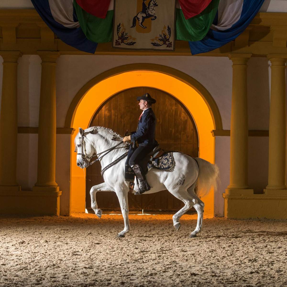 Royal Andalusian School of Equestrian Art: Full Visit + Optional VIP Upgrade A person in traditional attire riding a white horse in an ornate, indoor arena with a large wooden door and draped banners.