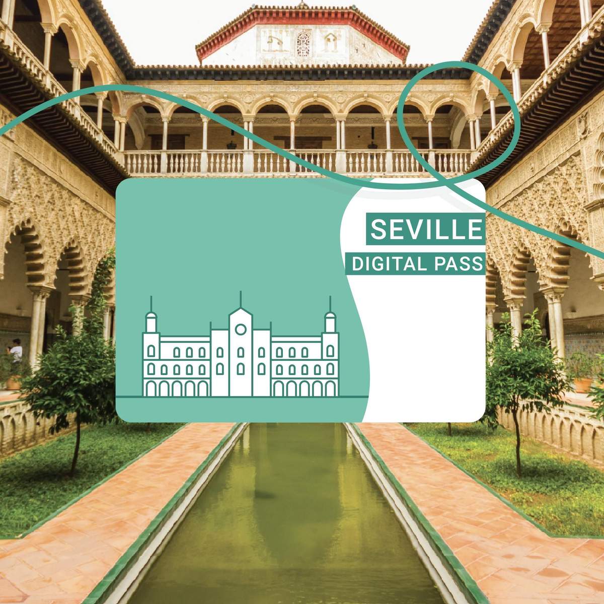 The Seville Pass Digital pass with Seville landmark overlayed on a courtyard with arches, water feature, and greenery. Text reads “Seville Digital Pass.”