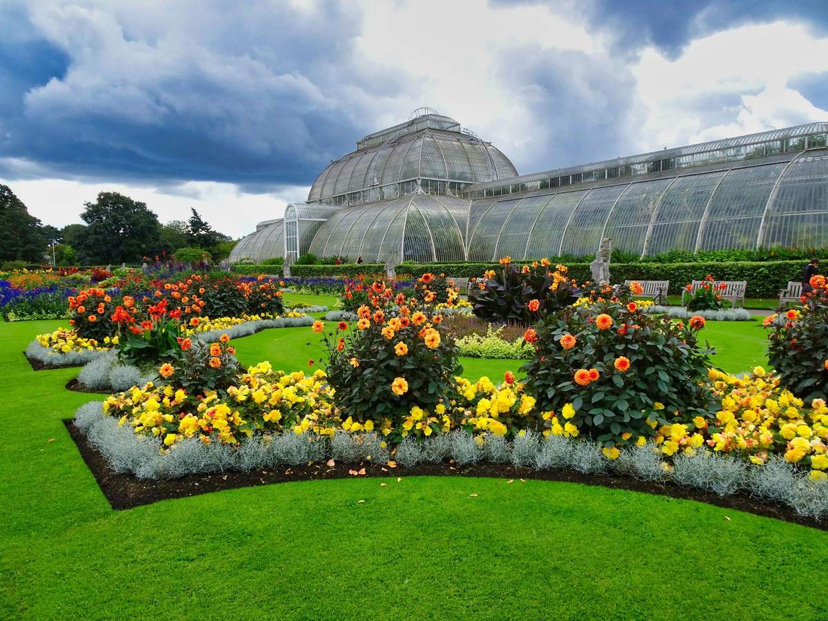 Kew Gardens + Kensington Palace : Billet d'entrée Un grand jardin d'hiver en verre derrière un jardin vibrant de fleurs colorées et de pelouses vertes soigneusement entretenues sous un ciel nuageux.