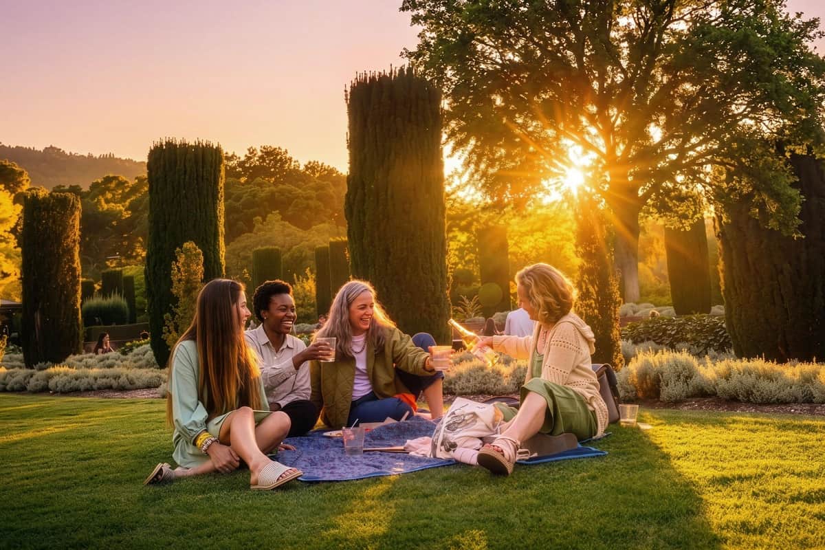 Four people sit on a blanket in a park at sunset, enjoying drinks and smiling amidst trees and a serene landscape.