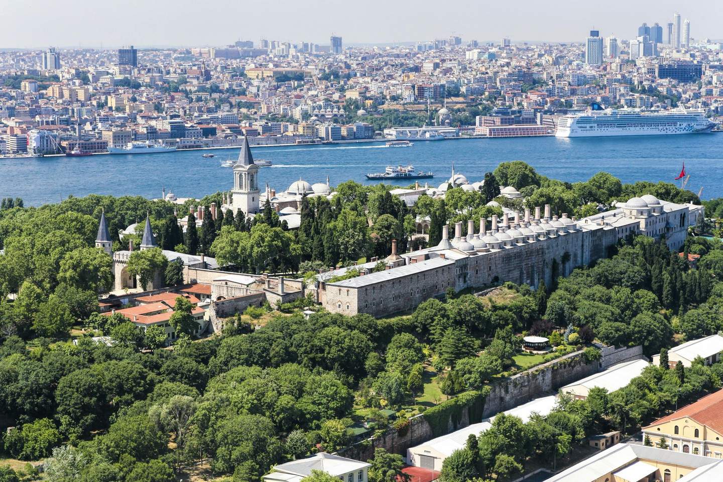 Topkapı Palace Museum Historic palace complex with towers and domes surrounded by lush greenery, set near a river with a cityscape in the background.