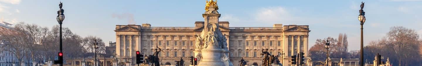 A grand building with a large statue in front, surrounded by streetlights and trees, under a clear blue sky.